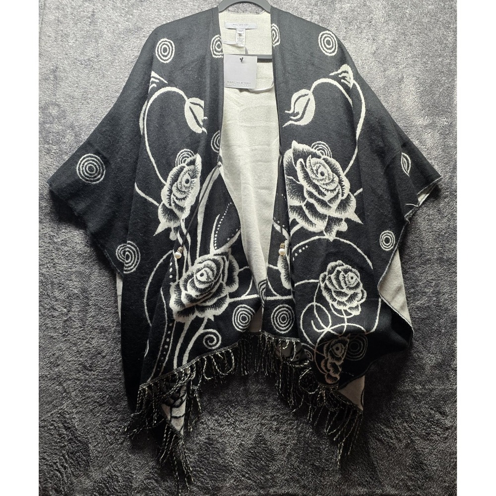 Andrew Marc New York Black White  Floral Knit Fringe Poncho Wrap Shawl NWT OS‎
